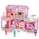 deAO Puppenhaus Traumhaus für Mädchen, 150 Stück Dollhouse Stadthaus mit 2 Etagen 6 Spielzeugfiguren und Möbelstücken Zubehör, Spielhaus Spielraum Puppen Spielzeug für Kinder ab 3 Jahren
