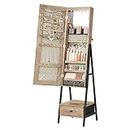 SONGMICS LED Mirror Jewelry Cabinet Standing, Lockable Jewelry Armoire with Full-Length Mirror, Space-Saving Jewelry Organizer with Mirror, Drawer and Shelf, Toasted Oak Color UJJC025N01