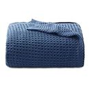 Bedsure 100% Cotton Blankets Twin XL Size for Bed - Waffle Weave Blankets for Summer, Lightweight and Breathable Soft Woven Blankets for Spring, Navy, 66x90 inches