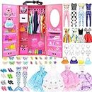 84 Pack Doll Clothes and Accessories with Doll Closet for 11.5 Inch Doll Fashion Design Kit Girl Doll Dress Up Including Wedding Dress Fashion Dress Outfits Tops and Pants Shoes Hangers Bags Necklaces