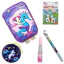 JOUET (Pack of 5 Unicorn Pencil Case/Unicorn Glitter Pen/Unicorn Eraser/Lipstick Pen for Girls/Unicorn Design Metal Tin Case Pouch (Multi Colour, Mermaid Purple)