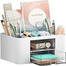 AUMA Desk Organizer with Drawer, Multi-Functional Pencil Holder for Desk, Desk Organisers and Accessories with 5 Compartments + 2 Drawer for Office Art Supplies(white)