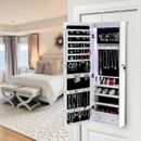 Wall Door Mounted Mirror Jewelry Cabinet Lockable Armoire Organizer w/ LED Light