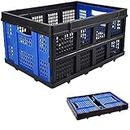 Hukimoyo Folding Crate with Cover, Durable Plastic Collasible Basket, Utility Cart Stackable Container Storage Bin for Car Trunk, Book Delivery Transporting (4 Pcs Blue)