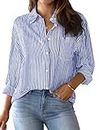 AISEW Womens Button Down Shirts Striped Classic Long Sleeve Collared Office Work Blouses Tops with Pocket (Blue, 7002M)