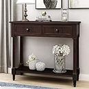P PURLOVE Sofa Table Antique Style Wooden Console Table with 2 Drawers and Bottom Shelf (Dark Espresso)