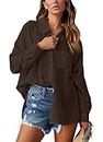 NONSAR Blusa elegante para mujer, cuello en V, camisa, blusa, manga larga, informal, informal, túnica, elegante, con bolsillo, marrón oscuro, S