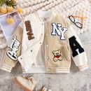 Kid's Bear & Letter Patched Fleece Varsity Jacket, Street Style Drop Shoulder Bomber Jacket, Boy's Clothes For Winter Fall Outdoor