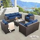 Rattaner Patio Furniture Set 5 Pieces Outdoor Furniture Set Outdoor Couch Coffee Table with Storage No-Slip Cushions and Waterproof Covers, Navy Blue