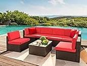 LOCCUS 7-Piece Patio Furniture Set, PE Rattan Wicker Outdoor All Weather Sectional Conversation Sets with Cushions, Outside Sofa with Tempered Glass Table for Garden Backyard (RED)
