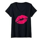 Damen Valentinstag Hot Pink Lippen Kuss 80er Jahre Retro Vintage Party T-Shirt mit V-Ausschnitt