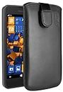 mumbi Borsa in vera pelle compatibile con Nokia Lumia 630/635, (Linguetta con funzione di retrazione, supporto estraibile), nero