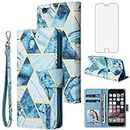 Compatible with iPhone 6 6s Wallet Case Tempered Glass Screen Protector Leather Flip Card Holder Phone Cover for iPhone6 Six i6 S iPhone6s iPhine6s iPhones6s i Phone6s Phone6 6a S6 Women Men Blue