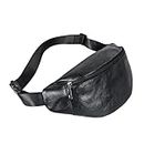 Geestock Black Leather Fanny Pack, Waterproof Waist Bag for Men&Women, Belt Bag, Fashion Crossbody Bags for Running, Hiking, Cycling, Outdoor Sports