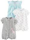 Simple Joys by Carter's 3-Pack Snap-up Rompers Pagliaccetti, Bianco Floreale/Blu Cigni/Grigio Pois, 0-3 Mesi (Pacco da 3) Bimba