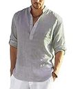 COOFANDY Men's Cotton Linen Henley Shirt Long Sleeve Hippie Casual Beach T Shirts Gray