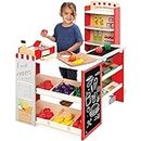 Best Choice Products Pretend Play Grocery Store Wooden Supermarket Toy Set for Kids w/Play Food, Chalkboard, Cash Register, Working Conveyor - Red