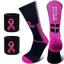 masonicbuy Breast Cancer Awareness Pink Ribbon Hope Socks & Wristbands Set - 1 Pair Athletic Crew Socks + 2 Pcs Wrist Sweatbands