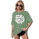 London Hills Cotton Blend Half Sleeve Women Oversized T-Shirts (Color : Green)