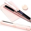 ANGENIL Pro Titanium Flat Iron Hair Straightener, Dual Voltage Straightening and Curling Iron in One, 15s Fast Heating, Negative Ion Round Pink Hair Straightener with Heat Resistant Silicone Mat Pad