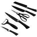 Oblivion Kitchen Knife Set of 6 | Stainless Steel Meat Knife, Chef's Knife with Non-Slip Handle for Home, Kitchen and Restaurant with Chef Peeler and Scissor (Black)