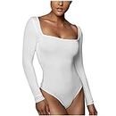 LFEOOST Shapewear Bodysuit for Women Tummy Control Jumpsuit Sexy Casual Square Neck Long Sleeve Tops Slim Fit Bodycon Romper, White, Medium