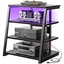 armocity 4-Tier AV Media Stand with Power Strips, Corner TV Stand with LED Lights, Rack Audio Tower with Adjustable Shelves, Corner Entertainment Center, 30'', Black Ebony