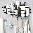 Plantex GI Steel Self-Adhesive Multipurpose Bathroom Shelf with Hooks/Towel Holder/Rack/Bathroom Accessories-Wall Mount - Pack of 1 (Black,Powder Coated)