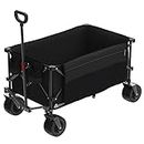 MDEAM Folding Collapsible Wagon,Large Capacity Outdoor Wagons Carts Heavy Duty Foldable Utility with Big All-Terrain Wheels &2 Side Pocket for Camping,Sports(Black)