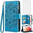 Asuwish Compatible with Samsung Galaxy S21 Glaxay S 21 5G 6.2 inch Wallet Case and Tempered Glass Screen Protector Flower Leather Flip Card Holder Cell Phone Cover for Gaxaly 21S G5 Women Men Blue