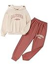 SOLY HUX Girl's Letter Print Drop Shoulder Hoodie Sweatshirt and Jogger Sweatpants 2 Piece Outfit Beige and Pink 10Y