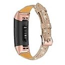 Joyozy Slim Genuine Leather Bands Compatible for Fitbit Charge 3/Fitbit Charge 4 Smart Watch,Adjustable Classic Replacement Wristband for Women(Glitter Rosegold)