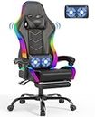 Devoko LED Gaming Stuhl mit Massage, Computerstuhl mit Fußstütze und Massage-Lendenkissen, Racing Gamer Stuhl Ergonomisch mit Verstellbare Kopfstütze, Bürostuhl Gaming Stuhl 180 kg belastbarkeit,Graue