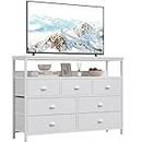 Furologee White TV Console Table, TV Stand with 7 Storage Drawer, Sofa Table with 2-Tier Shelves, Entertainment Center for 45" TV, Storage Fabric Drawer Unit for Bedroom, Living Room, Entryway