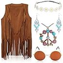 5pcs 60s 70s Hippie Costume Set for Women, Hippie Costumes Clothes Sunglasses Peace Sign Necklace Earrings Flower (L)