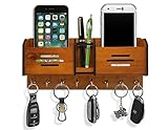 Neha Home Furnishing Wooden 8 Hook Key Holder Special Designer Pocket Pen, Mobile and TV Remote Stand (28cm x 12cm x 6cm, Brown)