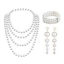 MIVAIUN 3 PCS Faux Pearl Set with Plastic Pearl Long Dangle Earrings 3 Row Stretch Pearl Bracelet 1920 Pearl Necklace Jewelry 1920s Accessories Pearl Set for Party Prom Wedding Festival (3 PCS)