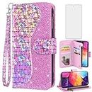 Asuwish Phone Case for Samsung Galaxy A50 A50S A30S Wallet Cover with Screen Protector and Wrist Strap Bling Glitter Flip Zipper Card Holder Cell A 50 50S 30S S50 50A SM A505G Women Girls Pink