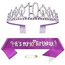 Purple 10th Birthday Sash for Girls Birthday Princess Crown Queen Tiara Rhinestone Birthday Headbands Birthday Girl Sash Happy Birthday Decorations for Girls 10 Year Old Birthday Party Supplies
