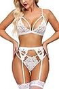 Aranmei Lingerie for Women 4 Piece Lingerie Set with Garter Belt and Stockings Bra and Panty Sets Sexy Lace Bodydoll Lingerie, White, Large