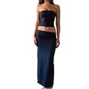 Women Sexy 2 Piece Maxi Skirt Sets Outfits Strapless Tube Lace See Throught Top Long Skirts Summer Party Dress, Tube Black, Small
