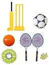 PR Sports Combo for Age 3-12 Years Boys and Girls Cricket kit +Badminton Set +Football + 10 Shuttlecocks-Multi Color
