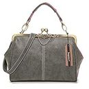 Women Vintage Small Retro Handbags Kiss Lock Crossbody Purse Frosted Leather Messenger Bag Tote, Gray, Medium