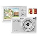 Andoer 4K Digital Camera for Beginners, Kids, and Older Users - 50MP IPS Screen, Auto Focus, 16X Zoom, Anti-Shake, Face Detection, Smile Capture, Flash, 2 Batteries, Bag, and Strap - White