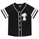 Peanuts Ladies Snoopy Baseball Jersey Snoopy Charlie Brown, Woodstock, Linus Mesh Button Down Baseball Jersey, Black, Small