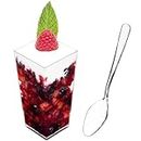 DLux 100 x 3 oz Mini Dessert Cups with Spoons, Square Tall - Clear Plastic Parfait Appetizer Cup - Small Reusable Serving Bowl for Tasting Party Desserts Appetizers - with Recipe Ebook