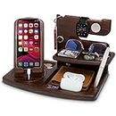 TESLYAR Gifts for Men Wood Rotating Phone Docking Station Compatible with IWatch Fathers Gift Desk Organizer Nightstand Gifts for Dad Birthday Anniversary Xmas Gifts Gift Ideas Key Holder (Brown)