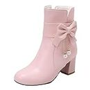 XRCQCAD Boots for Women, Women's Leather Bowtie Pink Ankle Boots Chunky Heel Y2K Goth Snow Boots Plus Size Faux Fur Boots, Pink, 9