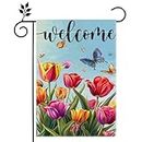 Welcome Spring Tulip Garden Flag, Butterfly Flower Flag 12x18 Inch, Double Sided Burlap Garden Flag, Welcome Home Garden Yard Lawn Flag, Outdoor Patio House Decoration