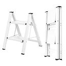 FEETE 2 Step Ladder, Lightweight Aluminum Folding Step Stool w/Wide Anti-Slip Pedal, 330 Lbs Capacity Sturdy Stepping Ladder, Safety Stepladder for Home, Office, Kitchen(2-Step White)